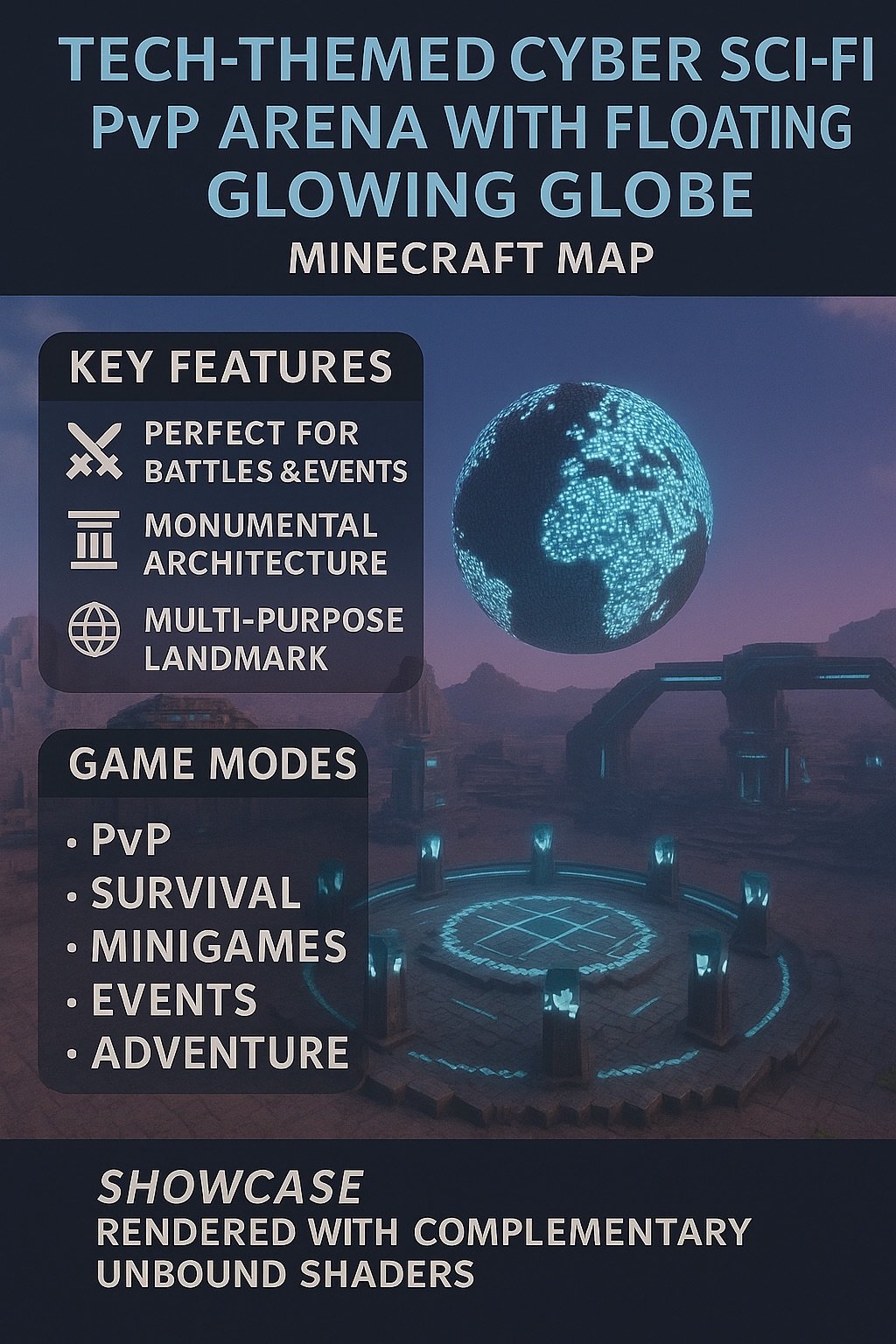 Tech-Themed Cyber Sci-Fi PvP Arena / Lobby with Floating Glowing Globe | Minecraft Map