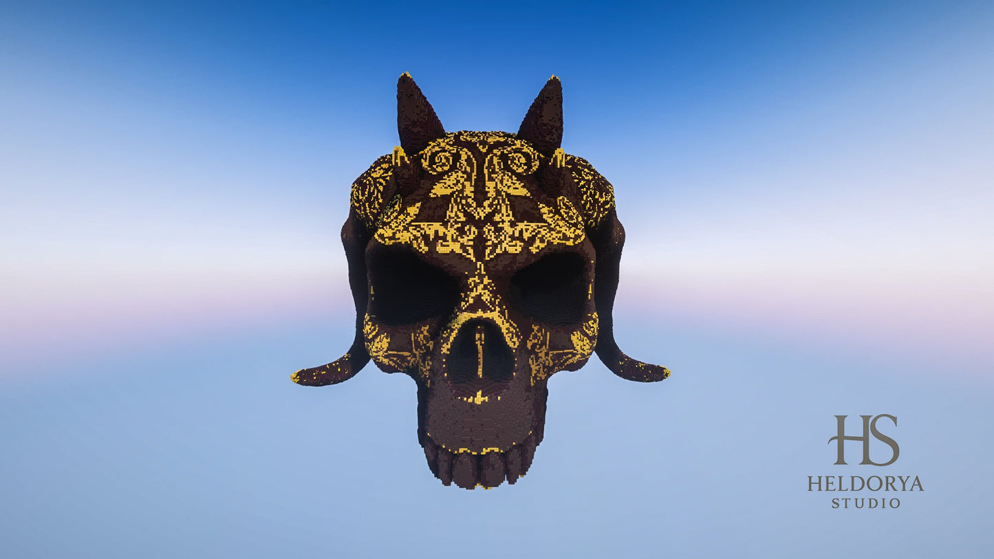 Ornamental Demon Skull | Gold Detail | Giant Realistic Statue | Gothic Monument |
