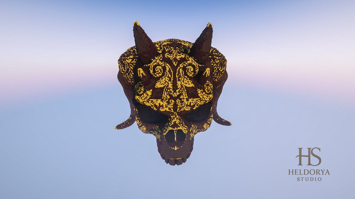 Ornamental Demon Skull | Gold Detail | Giant Realistic Statue | Gothic Monument |