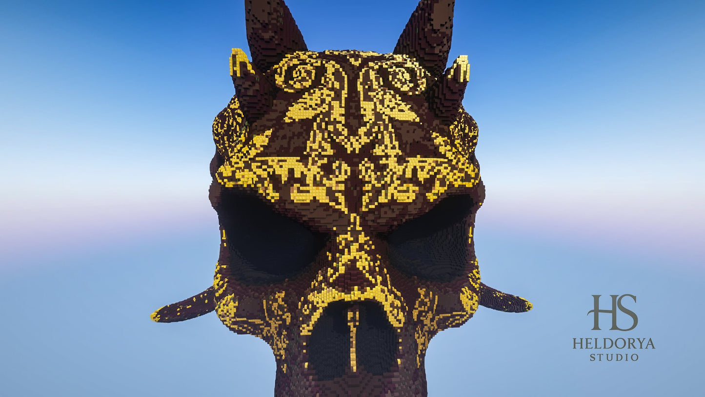 Ornamental Demon Skull | Gold Detail | Giant Realistic Statue | Gothic Monument |
